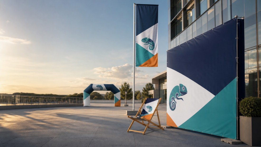 Klassische Firmenfahne, Textilwand, Liegestuhl und Eventbogen von AbdeX